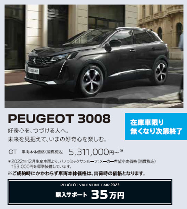 在庫車限り無くなり次第終了 PEUGEOT 3008 / 好奇心を、つづける人へ。未来を見据えて、いまの好奇心を楽しむ。 GT 車両本体価格（消費税込）5,158,000円～ | アクセサリーサポート25万円